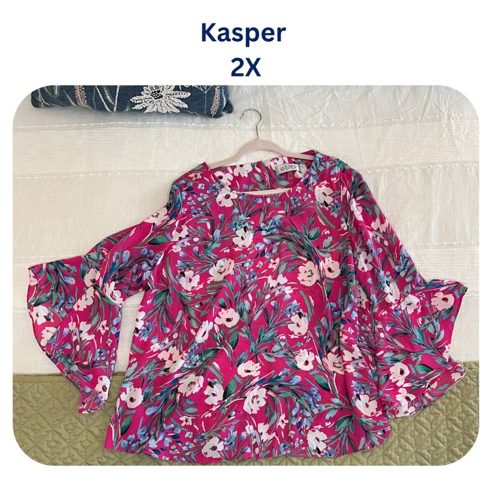 Kasper Floral Printed Ruffle-Sleeve 2X Blouse